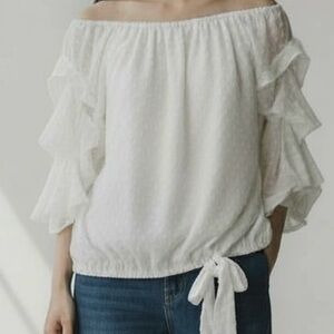 White Off The Shoulder Peasant Blouse With Swiss Dot Design - Size S